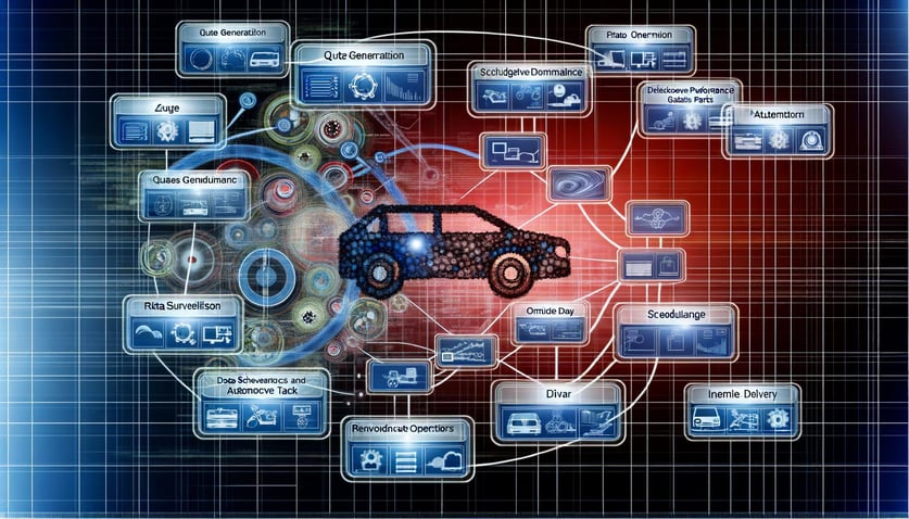 An image of a complex network of interconnected systems and applications in the automotive sector, with data flowing between different processes like